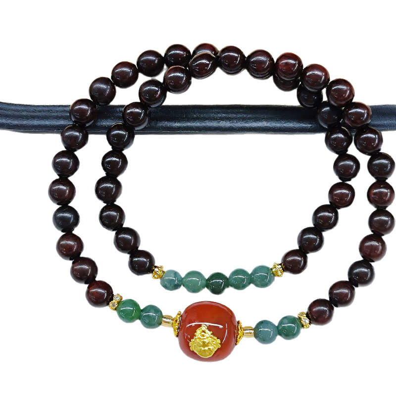 Ručne vyrobený dvojradový náramok z malolistového ružového dreva s jade a achátom – ženský originálny dizajn