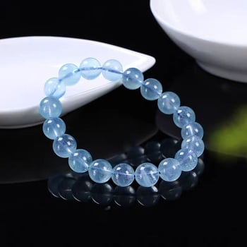 Náramok s akvamarínom a zafírom, krištálové korálky, ručná výroba, zlatom vykladaný jadeit