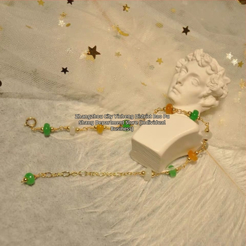 Narukvica od zelenog jadeita s perlicama i sigurnosnom kopčom, 14K pozlaćena, retro stil