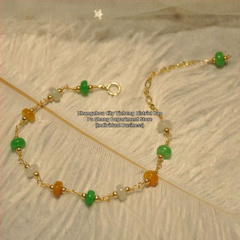 Narukvica od zelenog jadeita s perlicama i sigurnosnom kopčom, 14K pozlaćena, retro stil