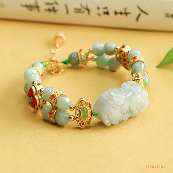 Prírodný birmanský jade Pixiu náramok s dvojradovými korálkami, palácový štýl, unisex