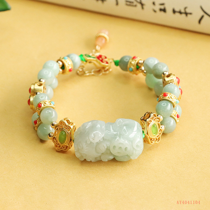 Prírodný birmanský jade Pixiu náramok s dvojradovými korálkami, palácový štýl, unisex