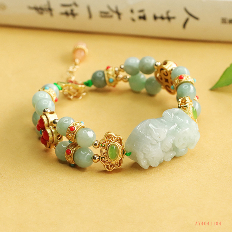 Prírodný birmanský jade Pixiu náramok s dvojradovými korálkami, palácový štýl, unisex
