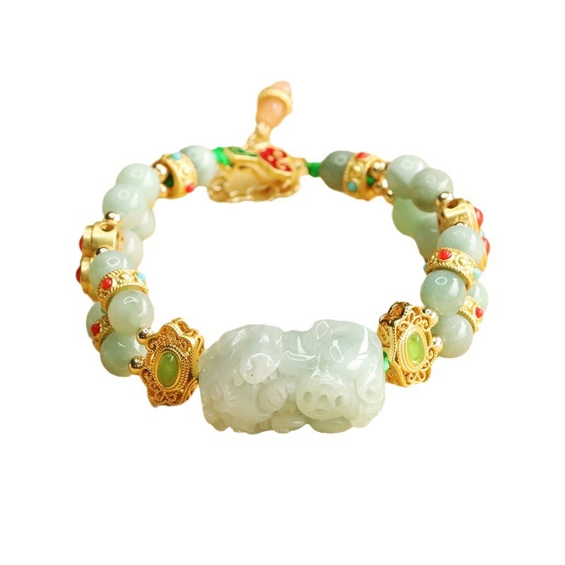 Prírodný birmanský jade Pixiu náramok s dvojradovými korálkami, palácový štýl, unisex