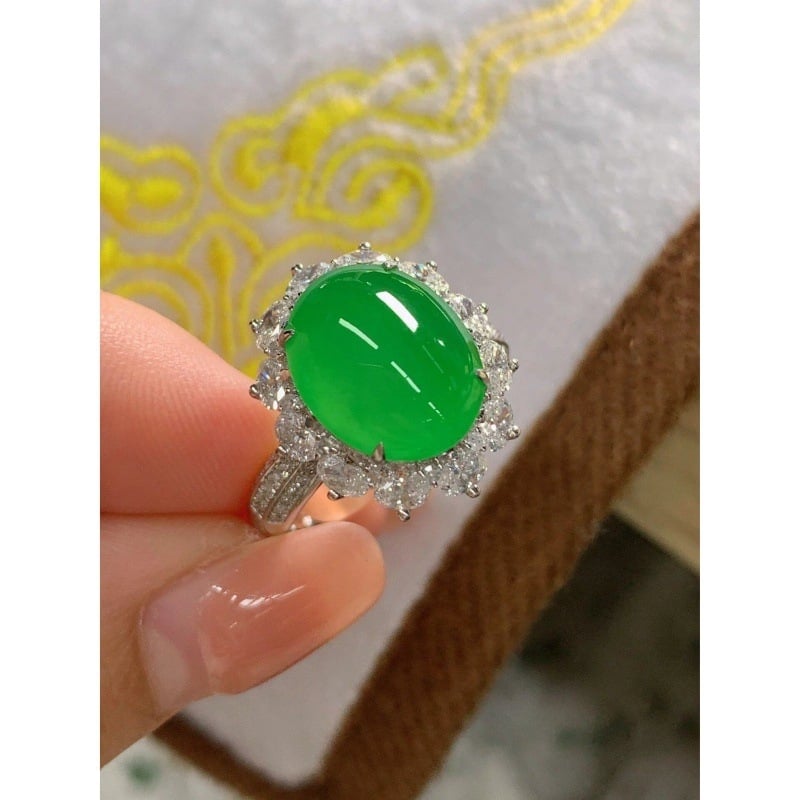 925-ös ezüstbe foglalt jáde cabochon gyűrű, női vintage stílus