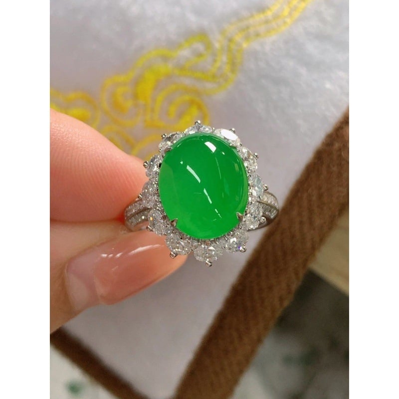 925-ös ezüstbe foglalt jáde cabochon gyűrű, női vintage stílus