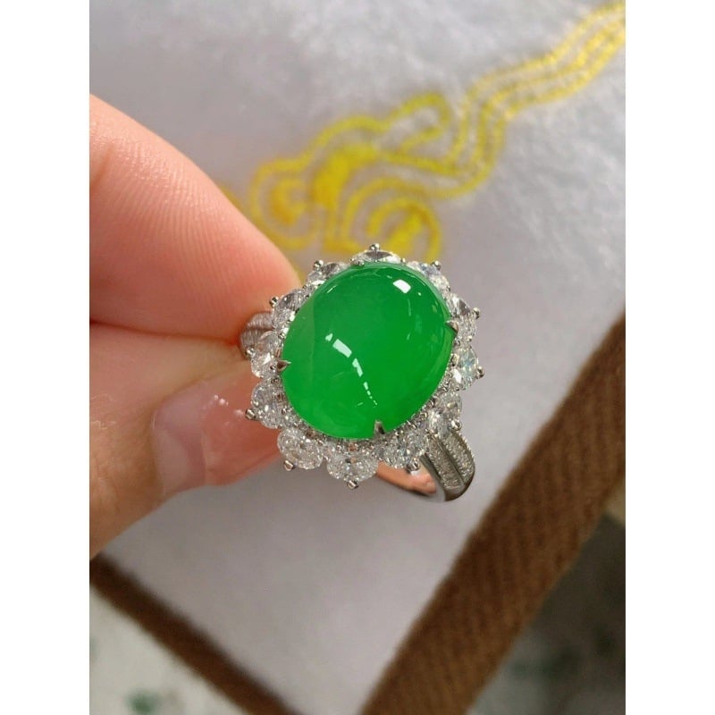 925-ös ezüstbe foglalt jáde cabochon gyűrű, női vintage stílus