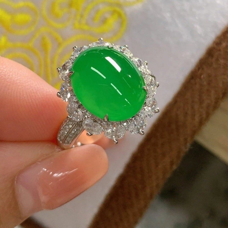 925-ös ezüstbe foglalt jáde cabochon gyűrű, női vintage stílus