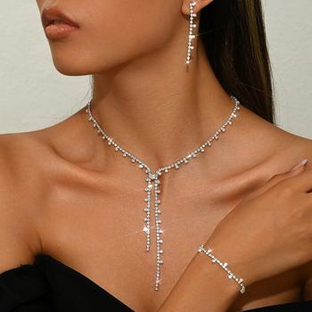 Set de bijuterii pentru femei: colier, cercei și brățară din cupru, placare electroplată, lanț gheare, piatră rhinestone