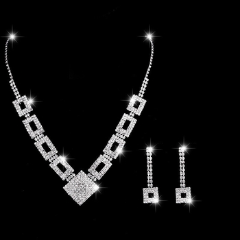 3-djelni set nakita: naušnice, ogrlica i narukvica — geometrijski kvadratni dizajn, rhinestones ugravirane, običan lanac, uzorak: križ/kruna/roma brojke