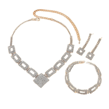3-djelni set nakita: naušnice, ogrlica i narukvica — geometrijski kvadratni dizajn, rhinestones ugravirane, običan lanac, uzorak: križ/kruna/roma brojke