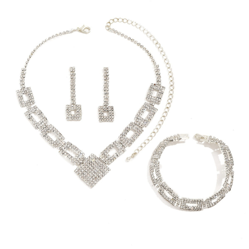 3-djelni set nakita: naušnice, ogrlica i narukvica — geometrijski kvadratni dizajn, rhinestones ugravirane, običan lanac, uzorak: križ/kruna/roma brojke