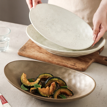 Japonų retro keraminė ovalinė lėkštė, tinkama žuvims, salotoms ir šaltoms patiekalams; mikrobangų krosnelė saugi