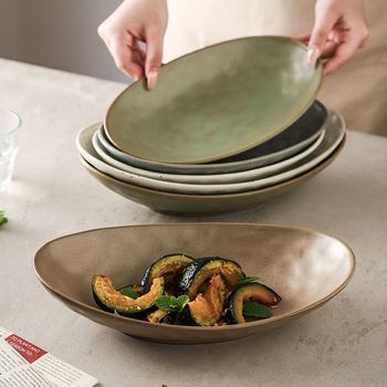 Japonų retro keraminė ovalinė lėkštė, tinkama žuvims, salotoms ir šaltoms patiekalams; mikrobangų krosnelė saugi