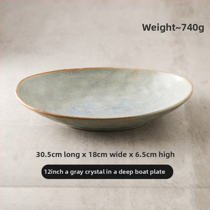 Japonų retro keraminė ovalinė lėkštė, tinkama žuvims, salotoms ir šaltoms patiekalams; mikrobangų krosnelė saugi