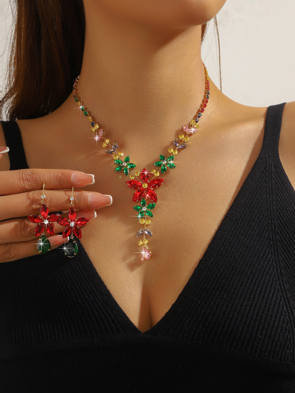 Set de bijuterii: Colier și cercei, aliaj de cupru, zircon, formă geometrică, lanț standard