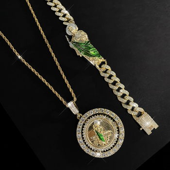 Saint Jude nyaklánc — Uniszex, Hip-Hop stílus, cink‑ötvözet medál rhinestone kövekkel, Cuban lánccal