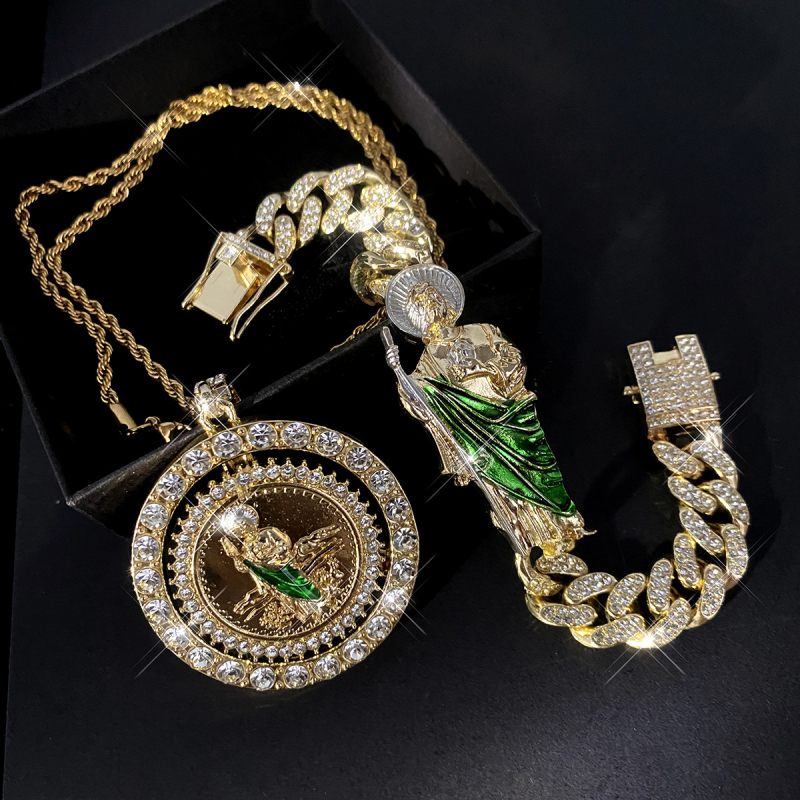 Saint Jude nyaklánc — Uniszex, Hip-Hop stílus, cink‑ötvözet medál rhinestone kövekkel, Cuban lánccal