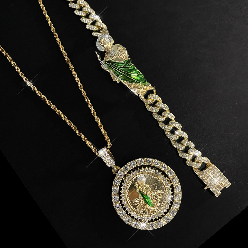 Saint Jude nyaklánc — Uniszex, Hip-Hop stílus, cink‑ötvözet medál rhinestone kövekkel, Cuban lánccal