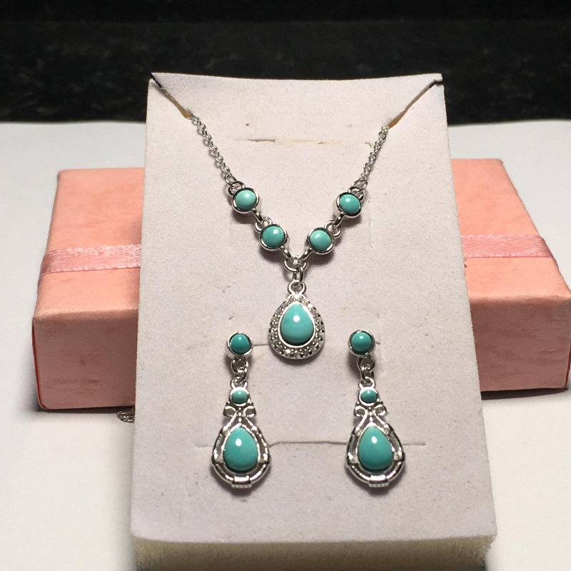 Feixiang Jewelry Set ogrlice i naušnica s tirkiznom ugradnjom, srebro 925, lanac u obliku slova O