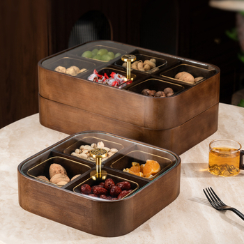 Fából készült szárított gyümölcsök doboza fedővel és rekeszekkel, prémium gyümölcstál (Anyag: bambusz tömörfa + edzett üveg; Kategória: gyümölcstál; Stílus: kínai könnyű luxus; Stílus típus: Új kínai stílus)