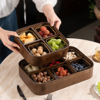 Fából készült szárított gyümölcsök doboza fedővel és rekeszekkel, prémium gyümölcstál (Anyag: bambusz tömörfa + edzett üveg; Kategória: gyümölcstál; Stílus: kínai könnyű luxus; Stílus típus: Új kínai stílus)