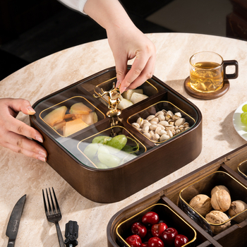 Fából készült szárított gyümölcsök doboza fedővel és rekeszekkel, prémium gyümölcstál (Anyag: bambusz tömörfa + edzett üveg; Kategória: gyümölcstál; Stílus: kínai könnyű luxus; Stílus típus: Új kínai stílus)