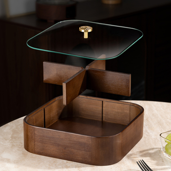 Fából készült szárított gyümölcsök doboza fedővel és rekeszekkel, prémium gyümölcstál (Anyag: bambusz tömörfa + edzett üveg; Kategória: gyümölcstál; Stílus: kínai könnyű luxus; Stílus típus: Új kínai stílus)