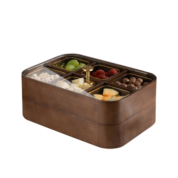 Fából készült szárított gyümölcsök doboza fedővel és rekeszekkel, prémium gyümölcstál (Anyag: bambusz tömörfa + edzett üveg; Kategória: gyümölcstál; Stílus: kínai könnyű luxus; Stílus típus: Új kínai stílus)