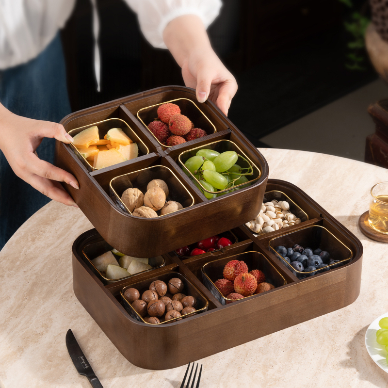 Fából készült szárított gyümölcsök doboza fedővel és rekeszekkel, prémium gyümölcstál (Anyag: bambusz tömörfa + edzett üveg; Kategória: gyümölcstál; Stílus: kínai könnyű luxus; Stílus típus: Új kínai stílus)