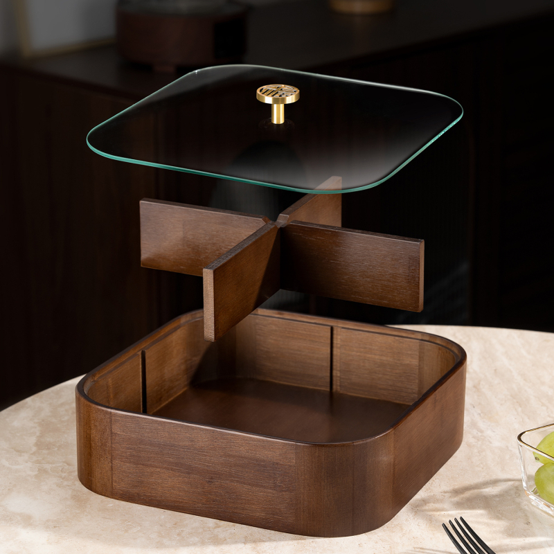 Fából készült szárított gyümölcsök doboza fedővel és rekeszekkel, prémium gyümölcstál (Anyag: bambusz tömörfa + edzett üveg; Kategória: gyümölcstál; Stílus: kínai könnyű luxus; Stílus típus: Új kínai stílus)