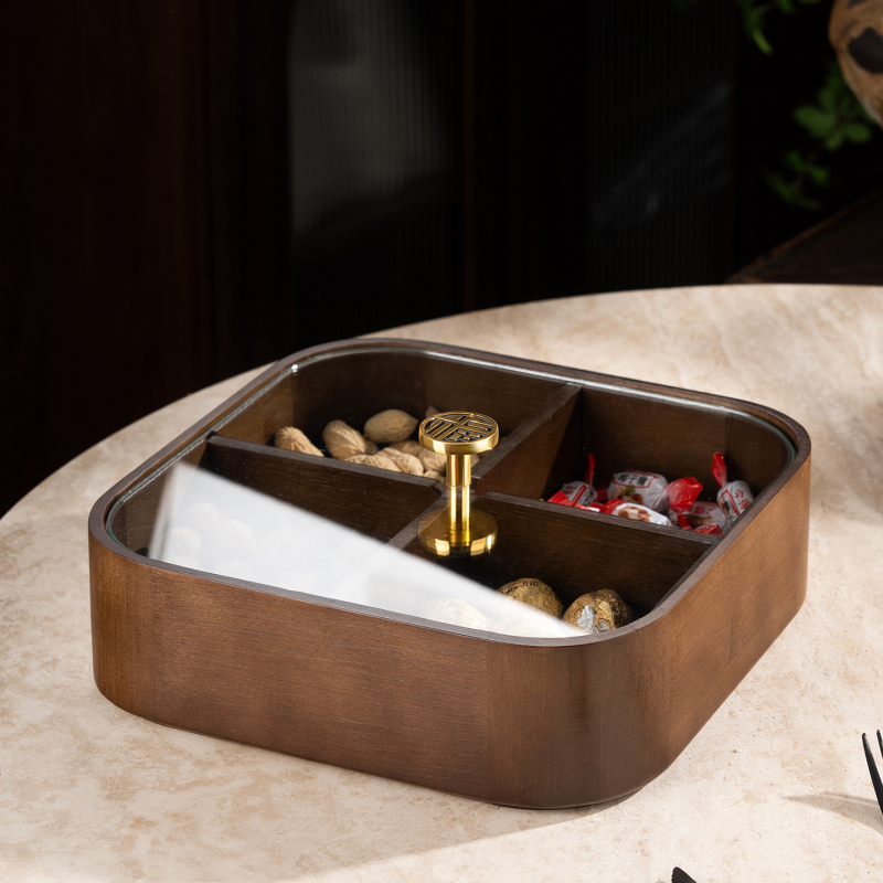 Fából készült szárított gyümölcsök doboza fedővel és rekeszekkel, prémium gyümölcstál (Anyag: bambusz tömörfa + edzett üveg; Kategória: gyümölcstál; Stílus: kínai könnyű luxus; Stílus típus: Új kínai stílus)