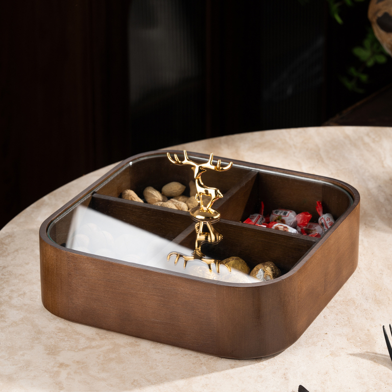 Fából készült szárított gyümölcsök doboza fedővel és rekeszekkel, prémium gyümölcstál (Anyag: bambusz tömörfa + edzett üveg; Kategória: gyümölcstál; Stílus: kínai könnyű luxus; Stílus típus: Új kínai stílus)