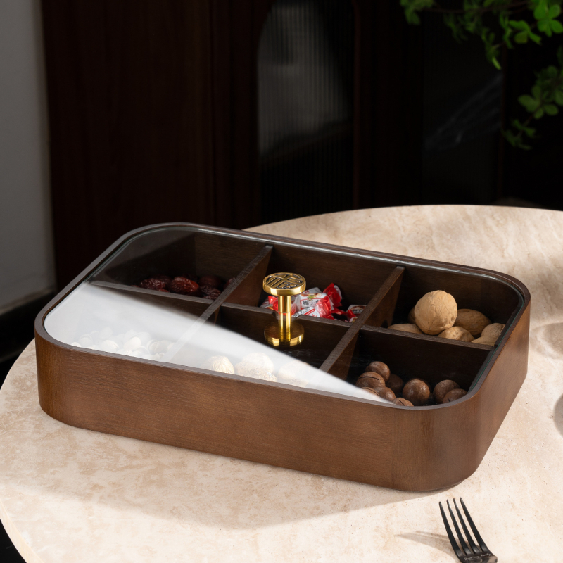 Fából készült szárított gyümölcsök doboza fedővel és rekeszekkel, prémium gyümölcstál (Anyag: bambusz tömörfa + edzett üveg; Kategória: gyümölcstál; Stílus: kínai könnyű luxus; Stílus típus: Új kínai stílus)