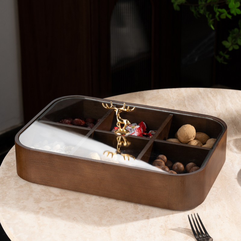 Fából készült szárított gyümölcsök doboza fedővel és rekeszekkel, prémium gyümölcstál (Anyag: bambusz tömörfa + edzett üveg; Kategória: gyümölcstál; Stílus: kínai könnyű luxus; Stílus típus: Új kínai stílus)