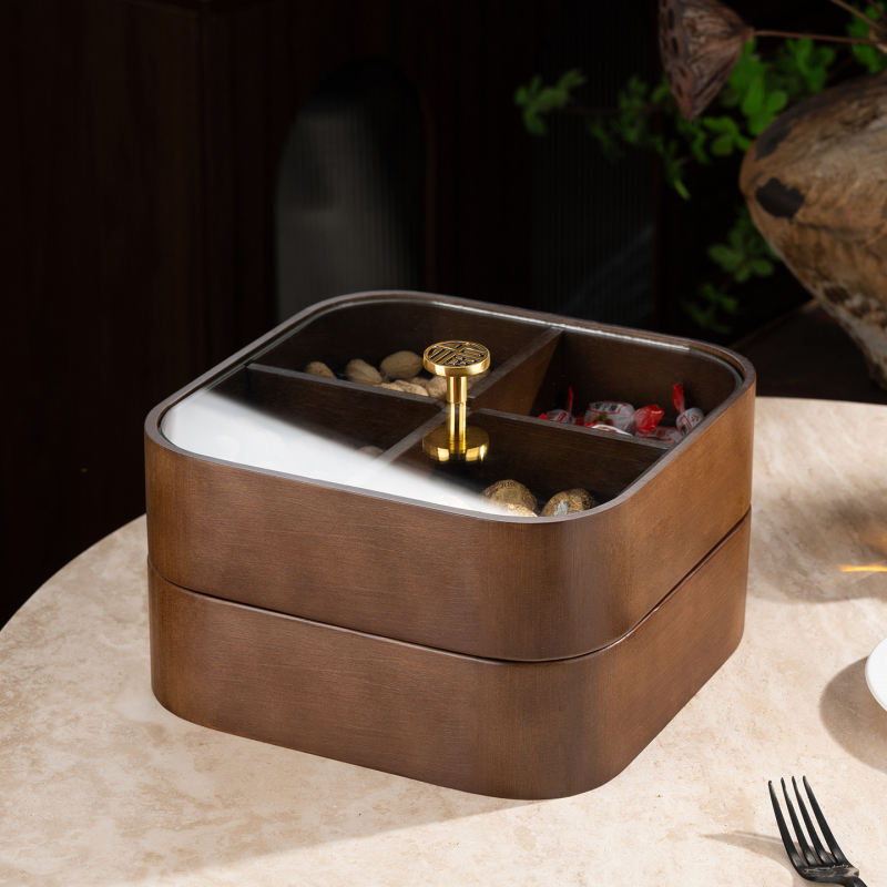 Fából készült szárított gyümölcsök doboza fedővel és rekeszekkel, prémium gyümölcstál (Anyag: bambusz tömörfa + edzett üveg; Kategória: gyümölcstál; Stílus: kínai könnyű luxus; Stílus típus: Új kínai stílus)