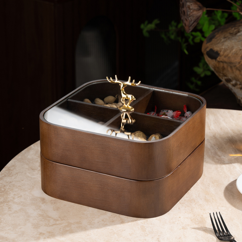 Fából készült szárított gyümölcsök doboza fedővel és rekeszekkel, prémium gyümölcstál (Anyag: bambusz tömörfa + edzett üveg; Kategória: gyümölcstál; Stílus: kínai könnyű luxus; Stílus típus: Új kínai stílus)