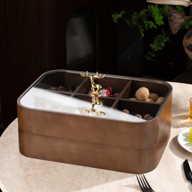 Fából készült szárított gyümölcsök doboza fedővel és rekeszekkel, prémium gyümölcstál (Anyag: bambusz tömörfa + edzett üveg; Kategória: gyümölcstál; Stílus: kínai könnyű luxus; Stílus típus: Új kínai stílus)