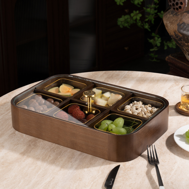 Fából készült szárított gyümölcsök doboza fedővel és rekeszekkel, prémium gyümölcstál (Anyag: bambusz tömörfa + edzett üveg; Kategória: gyümölcstál; Stílus: kínai könnyű luxus; Stílus típus: Új kínai stílus)