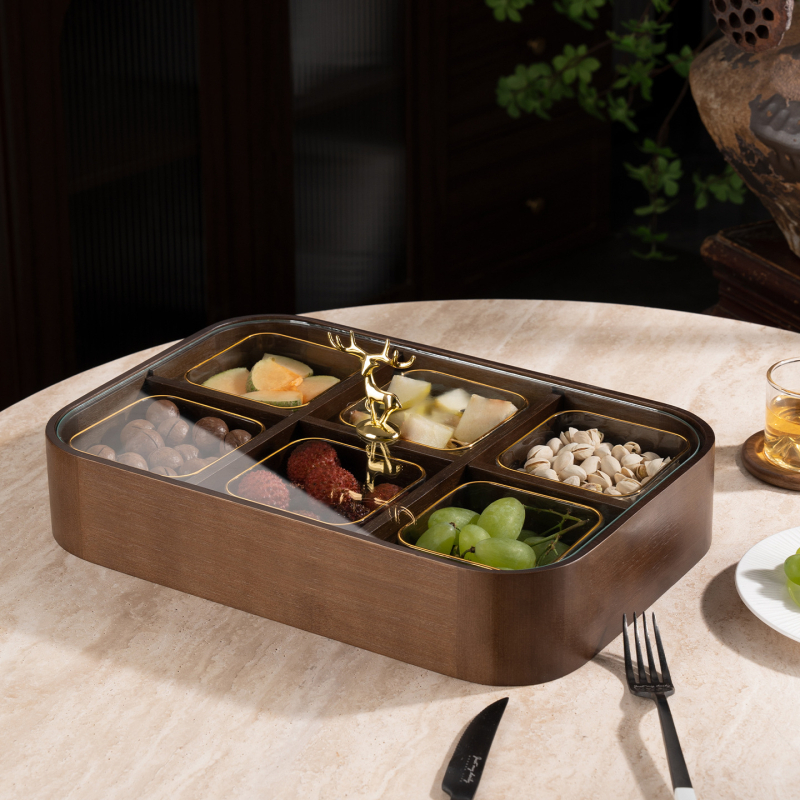 Fából készült szárított gyümölcsök doboza fedővel és rekeszekkel, prémium gyümölcstál (Anyag: bambusz tömörfa + edzett üveg; Kategória: gyümölcstál; Stílus: kínai könnyű luxus; Stílus típus: Új kínai stílus)