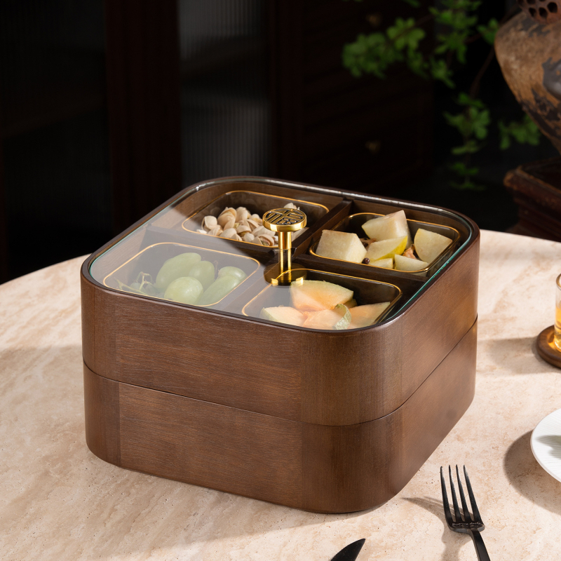 Fából készült szárított gyümölcsök doboza fedővel és rekeszekkel, prémium gyümölcstál (Anyag: bambusz tömörfa + edzett üveg; Kategória: gyümölcstál; Stílus: kínai könnyű luxus; Stílus típus: Új kínai stílus)