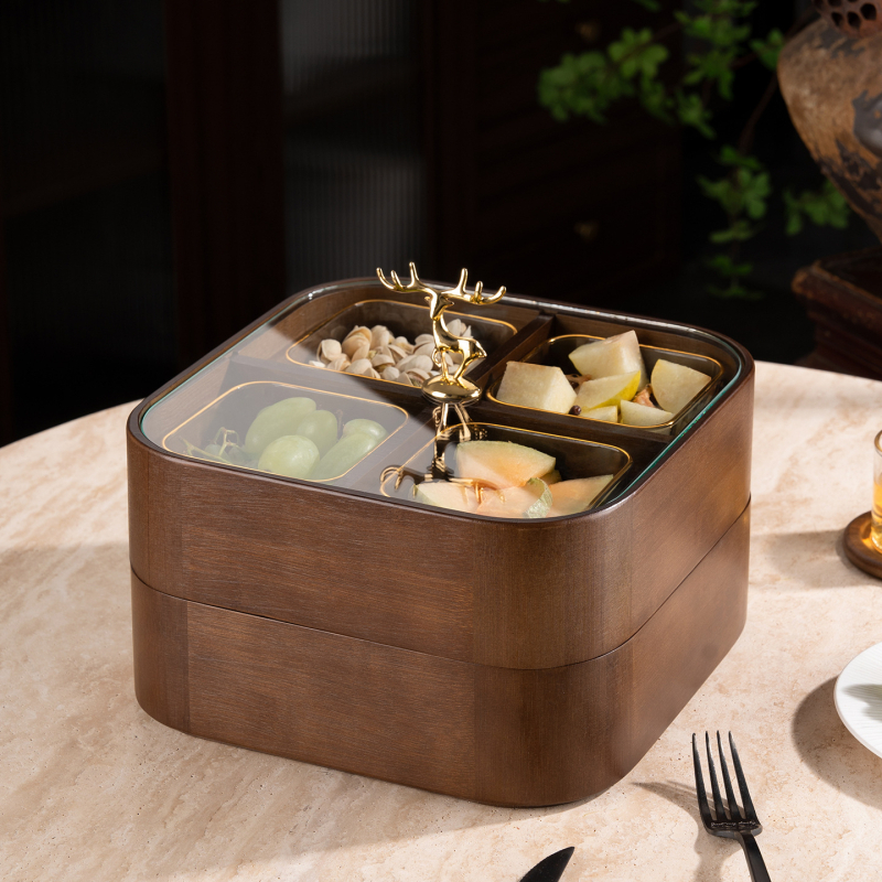 Fából készült szárított gyümölcsök doboza fedővel és rekeszekkel, prémium gyümölcstál (Anyag: bambusz tömörfa + edzett üveg; Kategória: gyümölcstál; Stílus: kínai könnyű luxus; Stílus típus: Új kínai stílus)