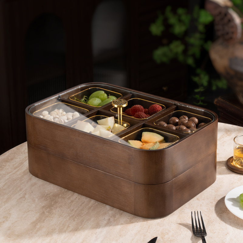 Fából készült szárított gyümölcsök doboza fedővel és rekeszekkel, prémium gyümölcstál (Anyag: bambusz tömörfa + edzett üveg; Kategória: gyümölcstál; Stílus: kínai könnyű luxus; Stílus típus: Új kínai stílus)