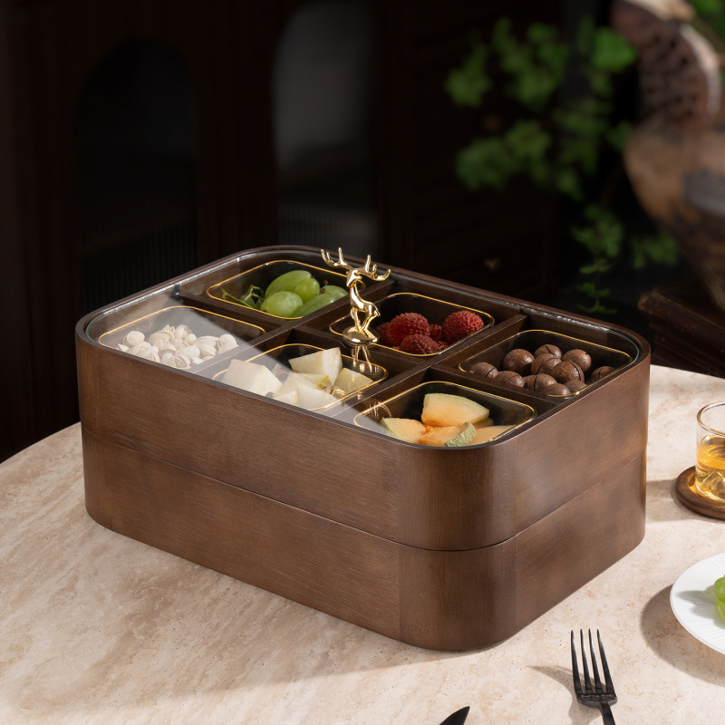 Fából készült szárított gyümölcsök doboza fedővel és rekeszekkel, prémium gyümölcstál (Anyag: bambusz tömörfa + edzett üveg; Kategória: gyümölcstál; Stílus: kínai könnyű luxus; Stílus típus: Új kínai stílus)