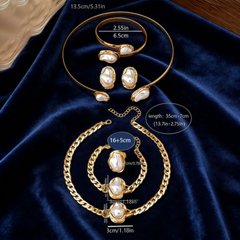 Speciális alakú gyöngy ékszerszett: fülbevaló, nyaklánc és gyűrű – ötvözet, O-lánc, függő medálok szív, csepp és harang formában – irodai stílus