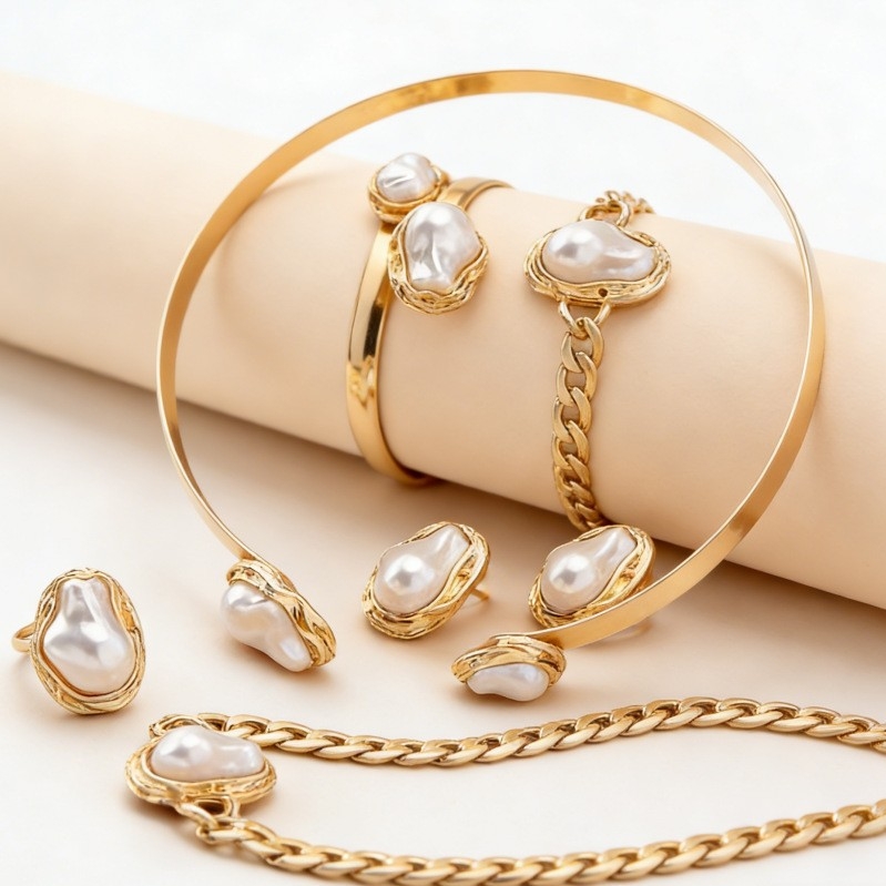 Speciális alakú gyöngy ékszerszett: fülbevaló, nyaklánc és gyűrű – ötvözet, O-lánc, függő medálok szív, csepp és harang formában – irodai stílus