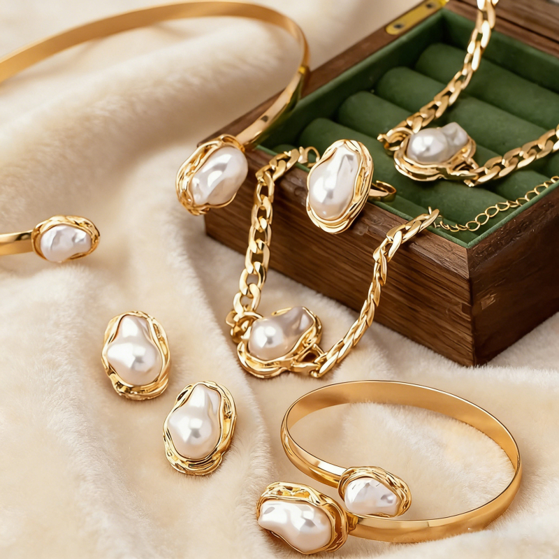 Speciális alakú gyöngy ékszerszett: fülbevaló, nyaklánc és gyűrű – ötvözet, O-lánc, függő medálok szív, csepp és harang formában – irodai stílus