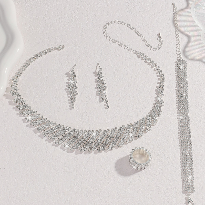 Ötvözetből készült ékszerszett nyaklánccal és fülbevalóval, elektroplakolás, geometriai alak, Rhinestone medál, szabványos lánc