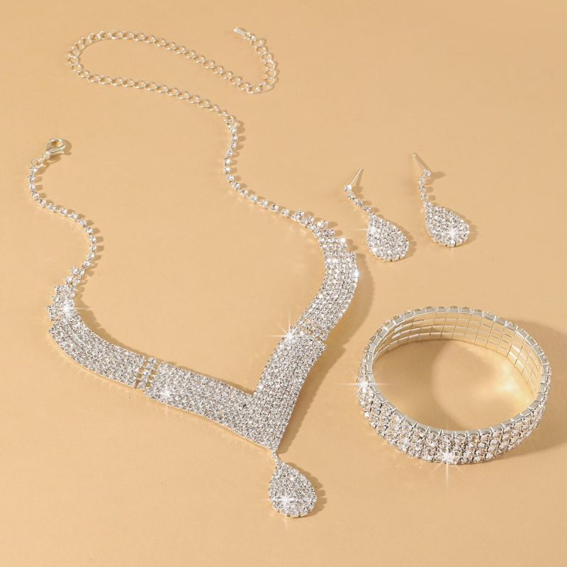 Kristályos szív medállal ellátott nyaklánc és fülbevaló készlet — réz, U-alakú, kígyó lánc, Yiwu, 2024 tavasz