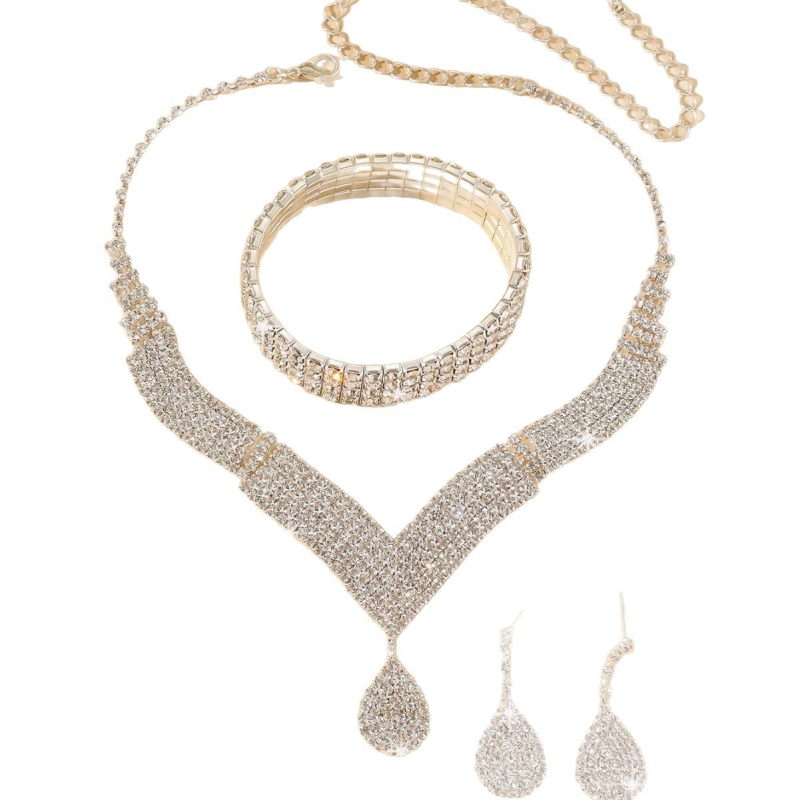 Kristályos szív medállal ellátott nyaklánc és fülbevaló készlet — réz, U-alakú, kígyó lánc, Yiwu, 2024 tavasz